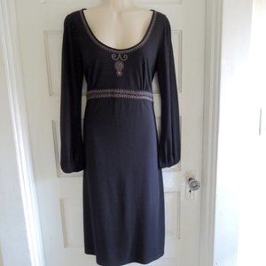 Loft Black Empire Dress Tan Embroidery Blouson Sleeves 10P